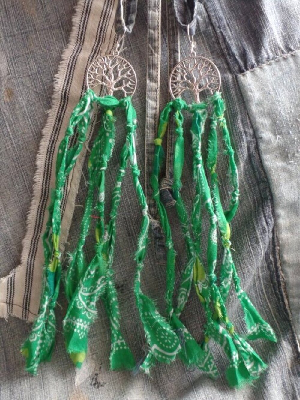 Hand Crafted Tree of Life SWAG Earrings GREEN Bandana NEW